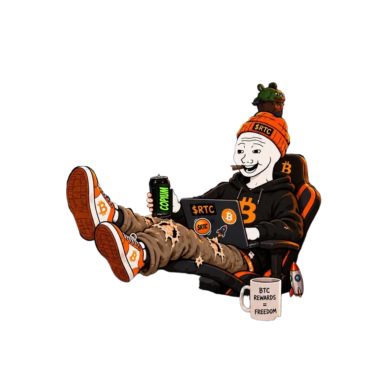 RTC, a tired wojak in an orange $RTC beanie, feet up in a cluttered mining room, cigar in his mouth, charts on four monitors.