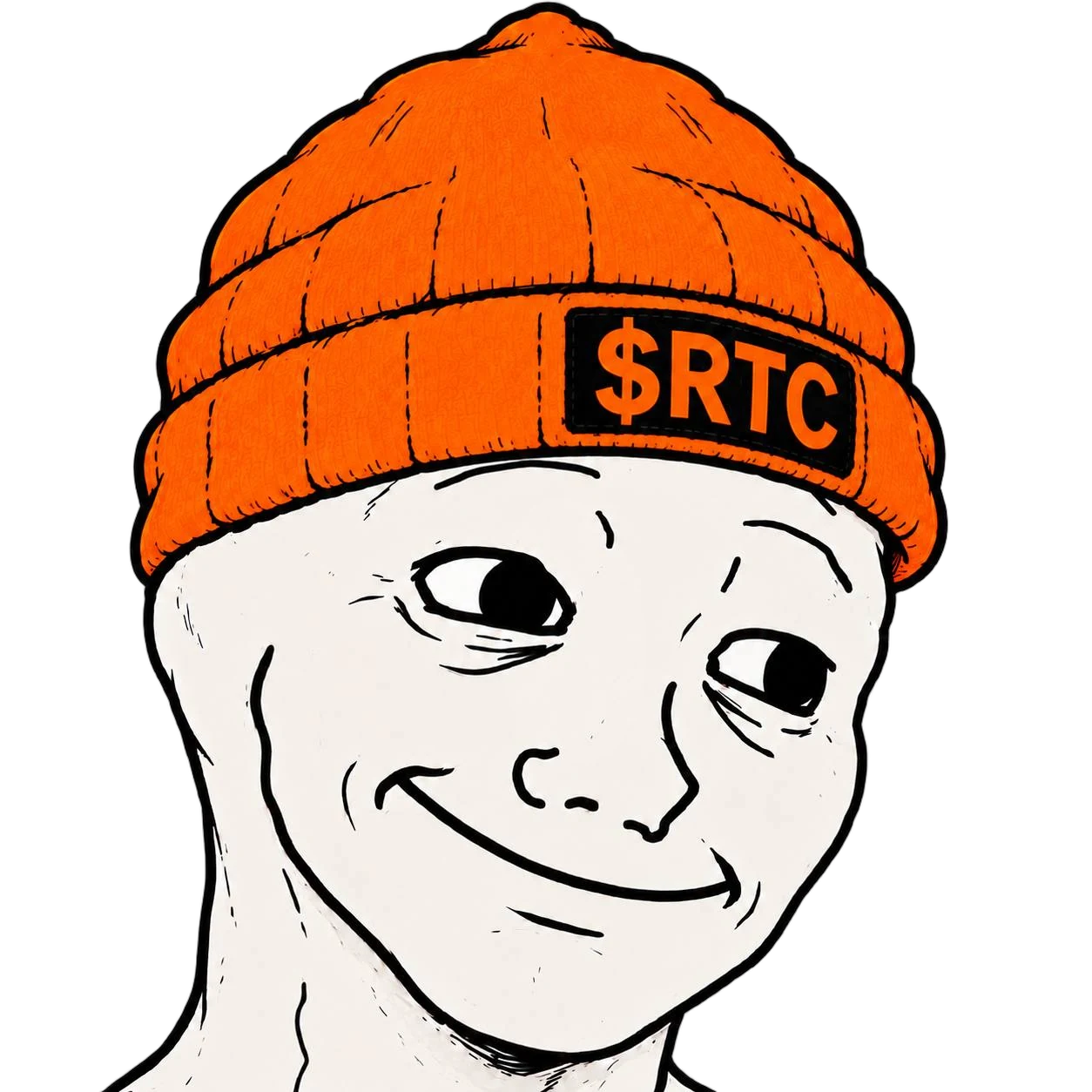 RTC, the $RTC mascot: a pale tired face with a side-eye grin under the orange $RTC beanie