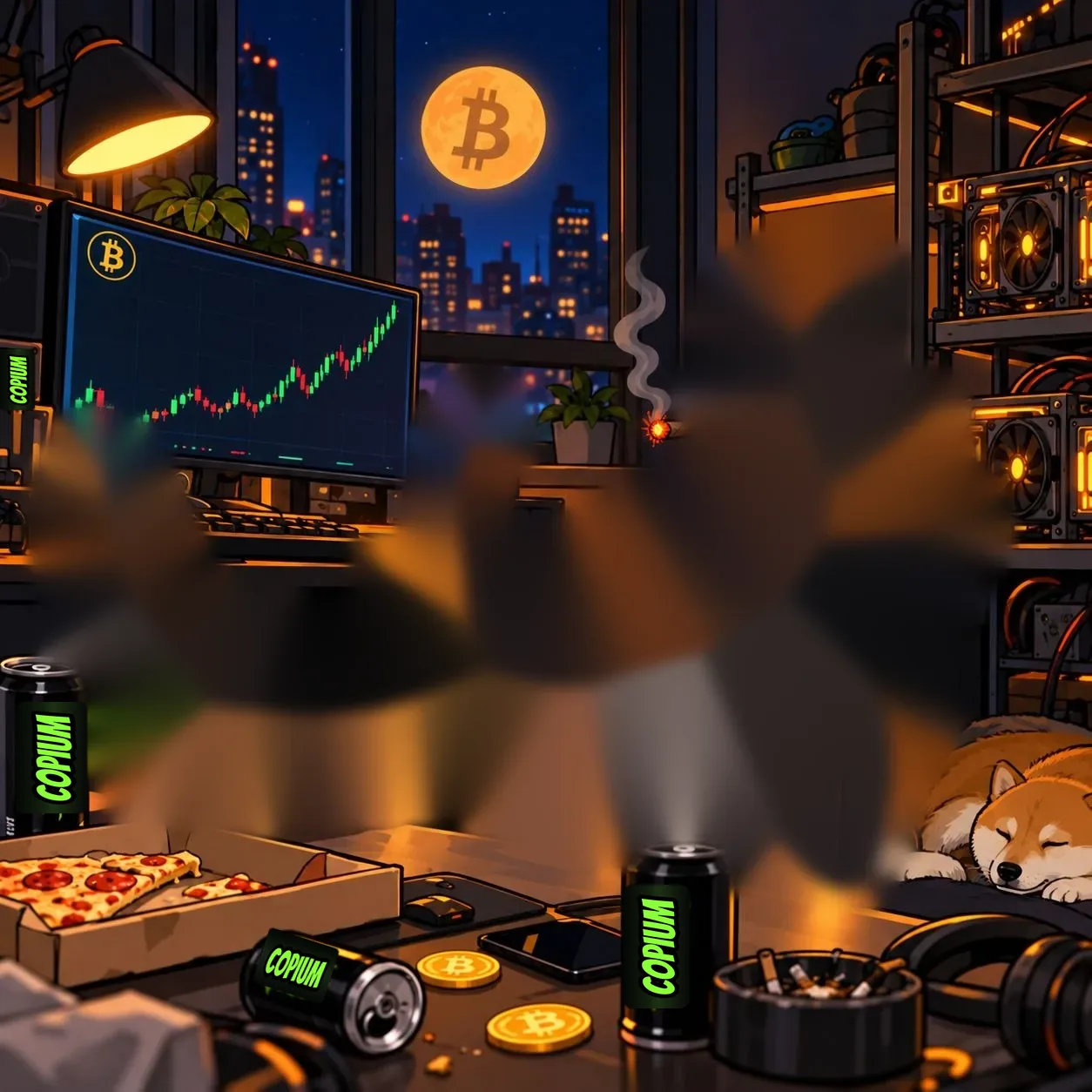 The same RTC, relaxed in a gaming chair with his feet up, a green chart on the monitor, the city at night behind him and Satoshi the Shiba asleep.