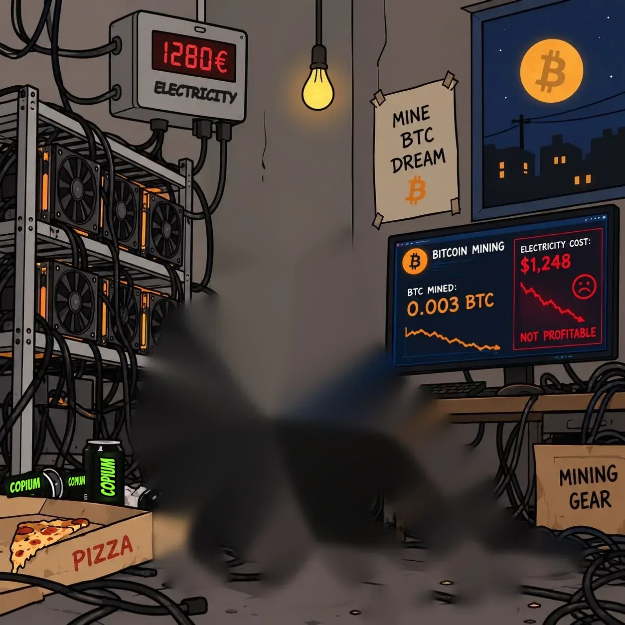 RTC sits on a tangle of cables in a dark mining room, facepalming next to a roaring rig, under a meter reading 1,280 euros and a monitor that says not profitable.
