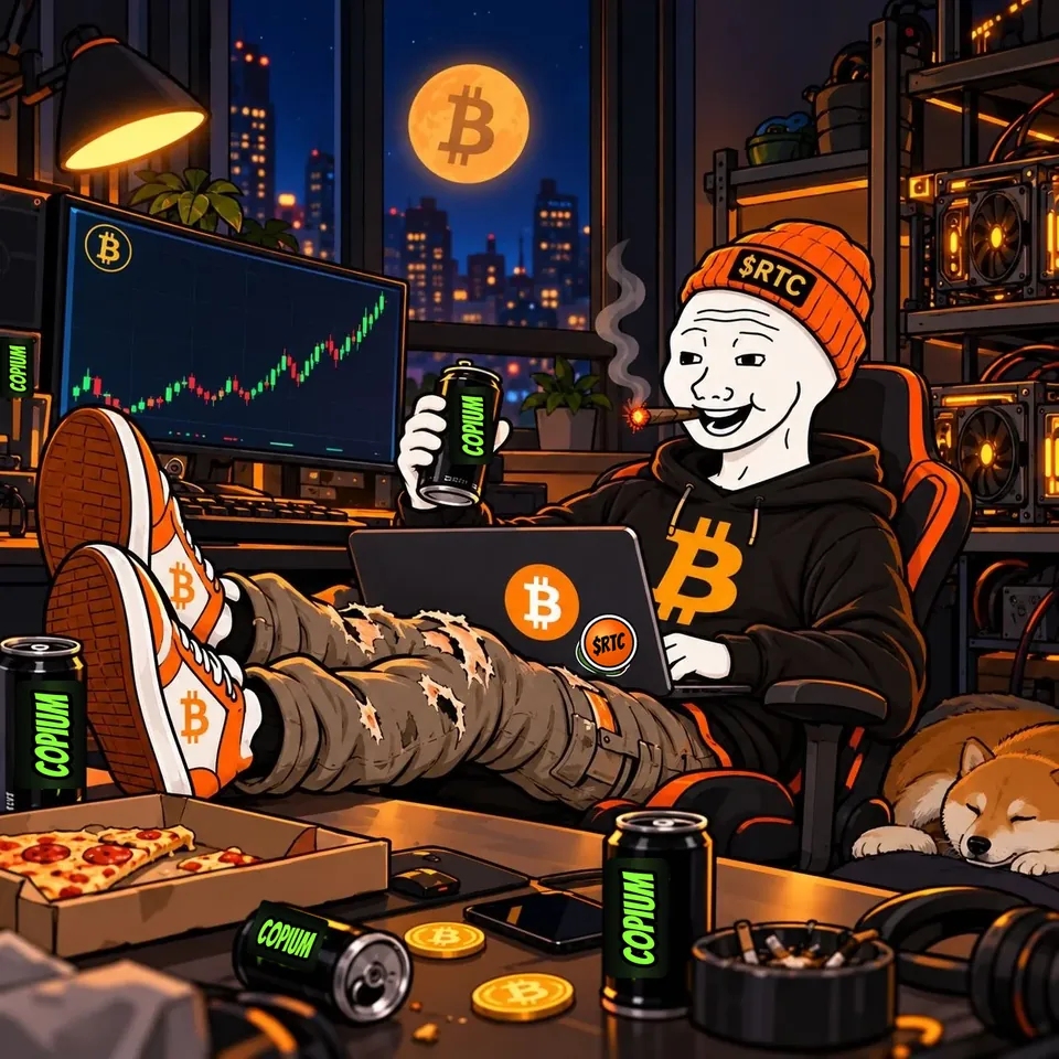 At night RTC leans back in a gaming chair with his feet on the desk, a cigar in his mouth, a can of Copium in his hand and a laptop on his lap, a rising green chart on the monitor, the city lights behind him and a Shiba dog asleep beside him.