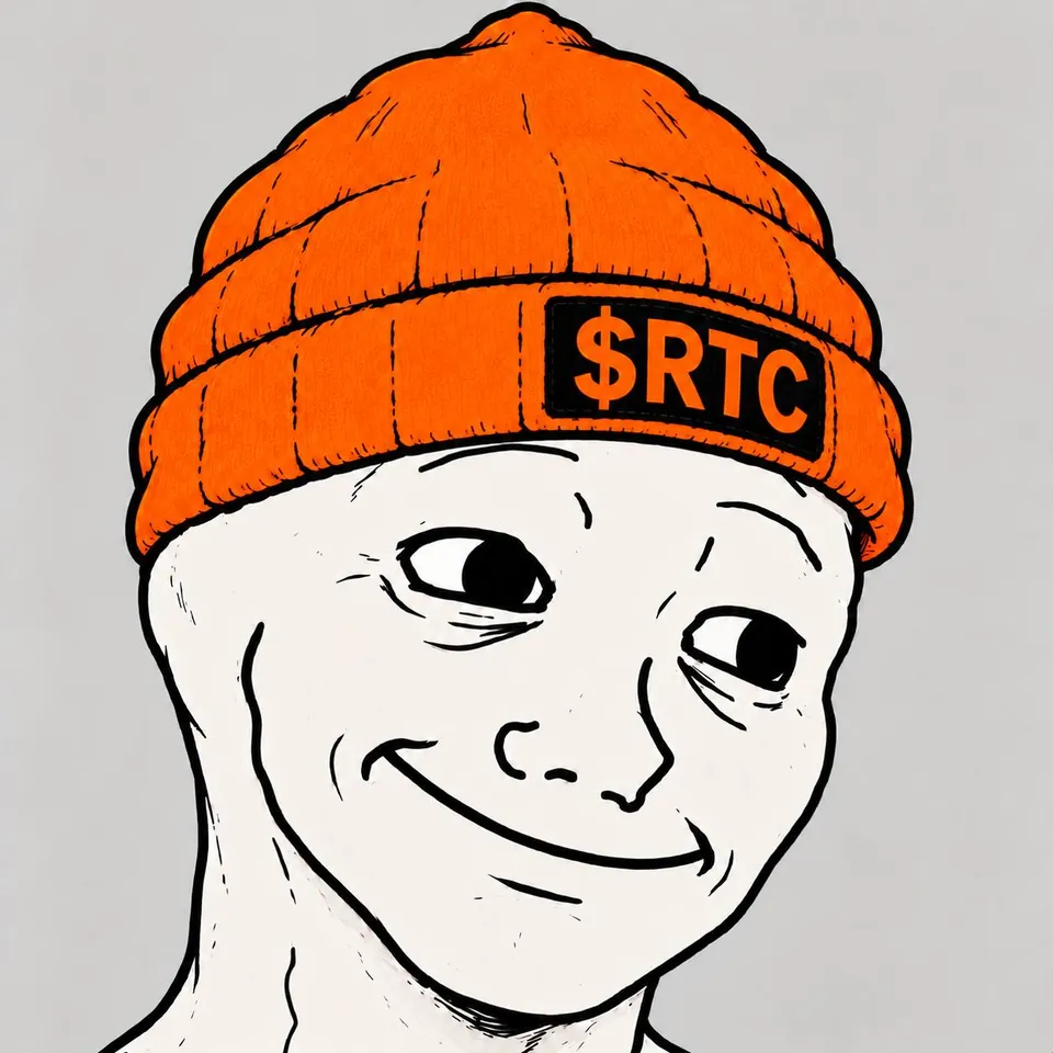 The Retarded Bitcoin mascot: RTC's pale, tired face with a sideways grin under the orange beanie with its black $RTC patch.