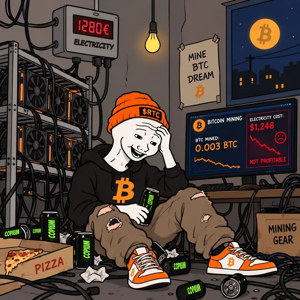 Before: RTC facepalming on the floor of his cluttered mining room, the meter at 1280€ and the monitor saying NOT PROFITABLE.