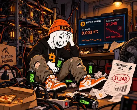 The electricity bill has arrived: $1,248 circled in red, propped up on the floor while RTC facepalms among his glowing rigs, a fan and a NOT PROFITABLE monitor behind him.