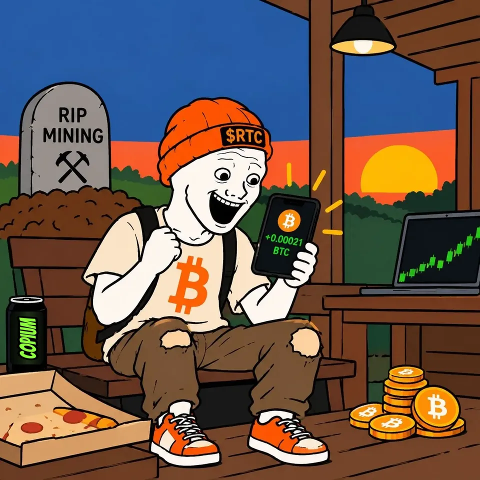 At sunset on a wooden porch beside a RIP MINING tombstone, RTC sits on a bench and pumps his fist at his phone, which shows +0.00021 BTC, with a Copium can, a pizza box, a laptop with a green chart and a stack of BTC coins around him.