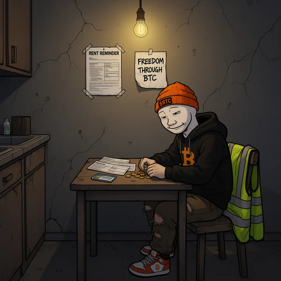RTC counts a few coins at a small table under a bare bulb, bills and a bank card beside him; on the cracked wall, a RENT REMINDER and a note that reads FREEDOM THROUGH BTC, his yellow safety vest on the chair.