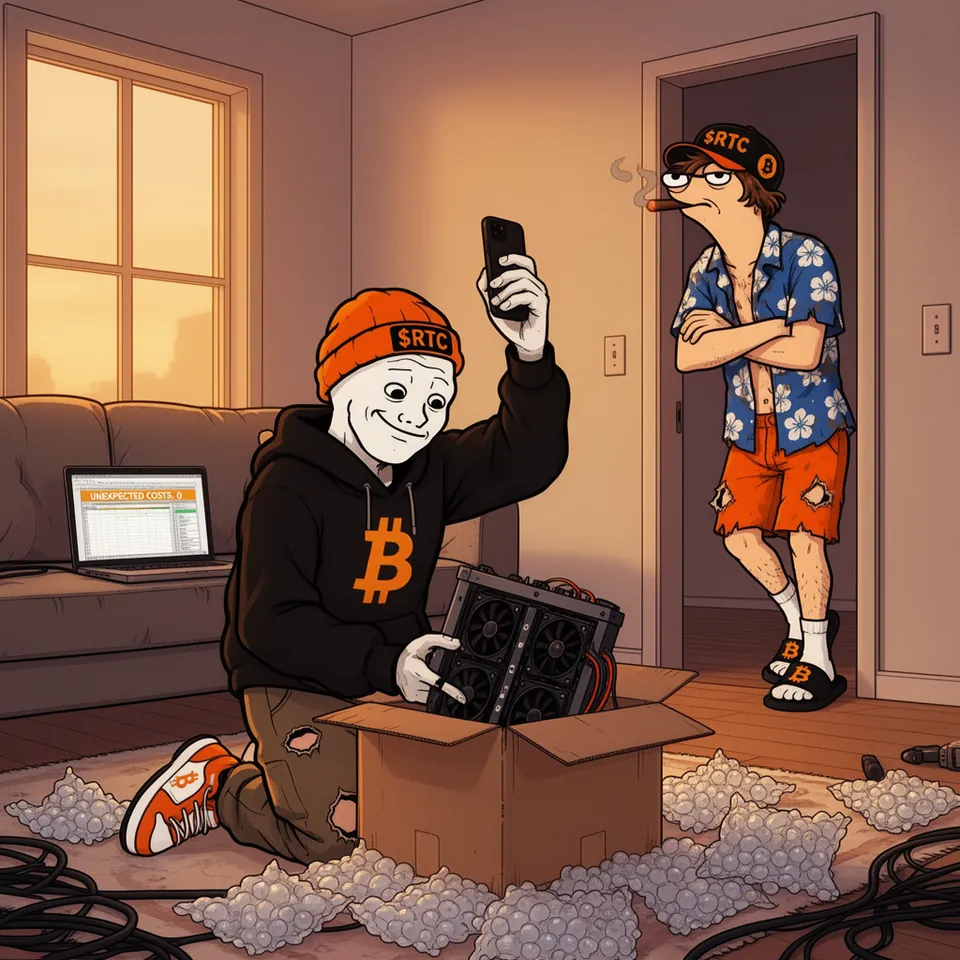 RTC kneels by an open box among packing foam and films his used ASIC with his phone held high; a laptop on the couch shows a spreadsheet with UNEXPECTED COSTS: 0, and Tom watches from the doorway, arms crossed, a cigar in his mouth.