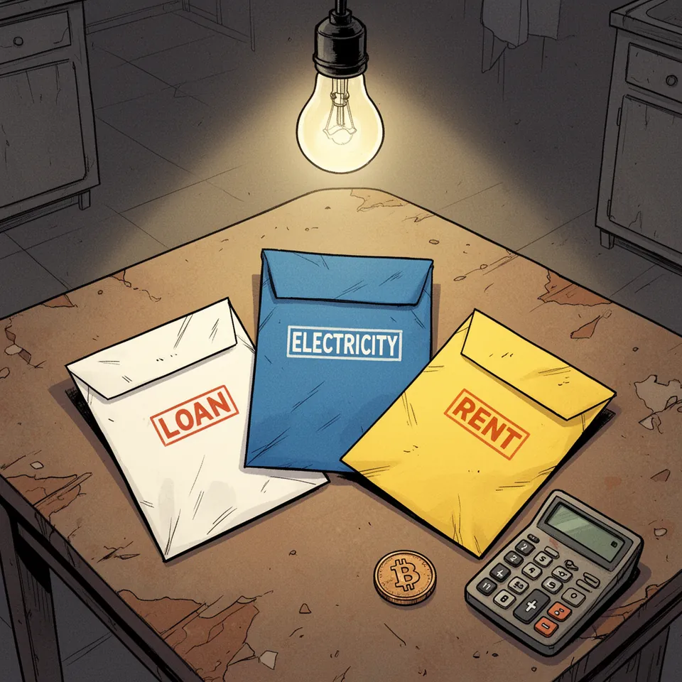 Three envelopes fanned out on a worn table under a bare bulb, a white one marked LOAN, a blue one marked ELECTRICITY and a yellow one marked RENT, beside a calculator and a single Bitcoin coin.