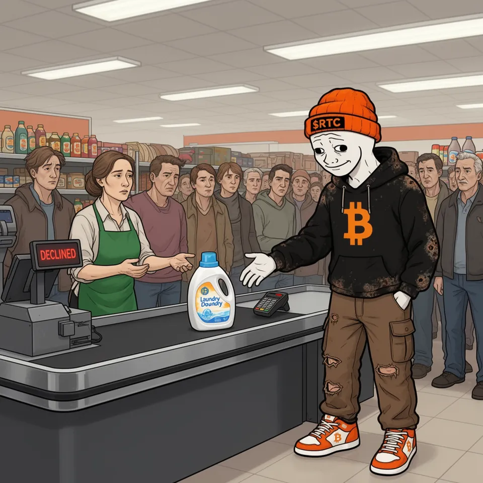 At the supermarket checkout the till screen reads DECLINED next to a bottle of laundry detergent; RTC, in a stained hoodie, holds out an empty hand with an awkward smile while the cashier and the whole queue stare.