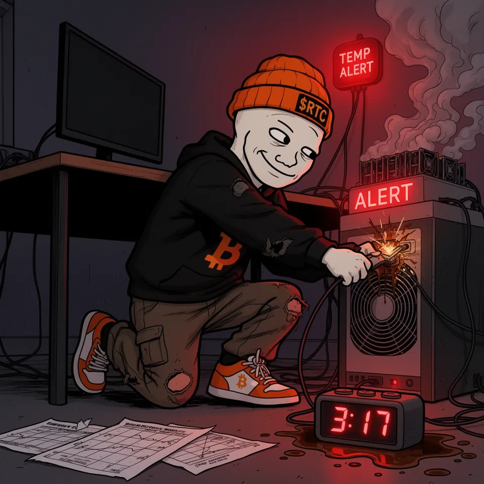 3:17 on a clock in a puddle of spilled coffee: RTC kneels by a smoking ASIC under glowing red TEMP ALERT and ALERT signs and yanks out a sparking, burnt plug, his printed calculations scattered on the floor.