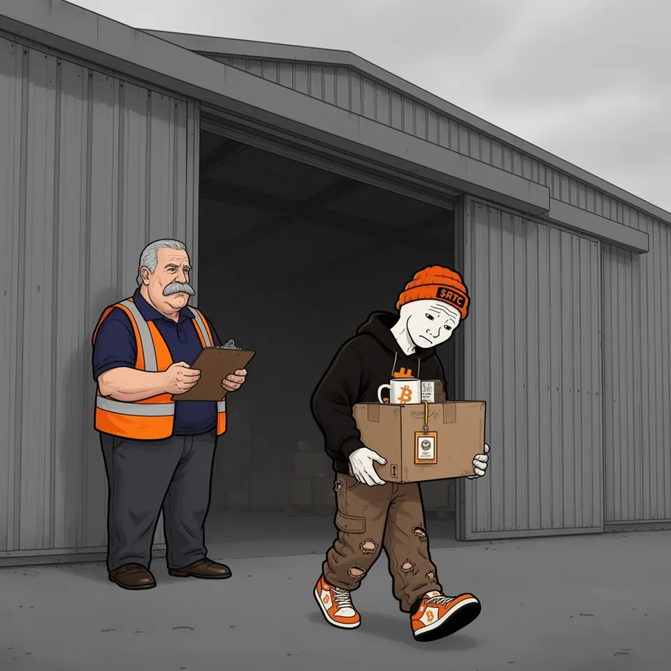 RTC walks out of the warehouse with his head down, carrying a cardboard box with his Bitcoin mug and his staff badge, while his boss in an orange safety vest watches from the open door, a clipboard in his hands.