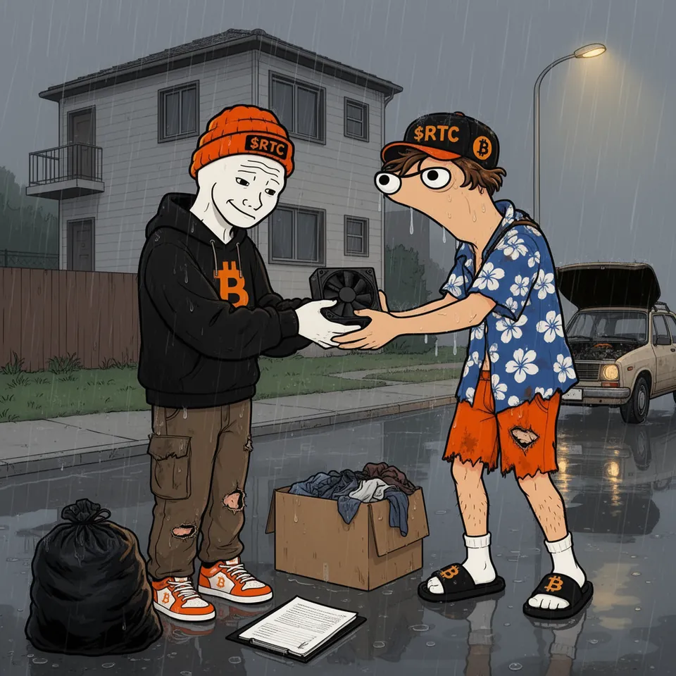Moving day in the rain: on the wet pavement outside his old building, Tom takes the last ASIC fan out of RTC's hands, beside a soaked box of clothes, a bin bag and his papers on a clipboard, Tom's old car waiting behind them.