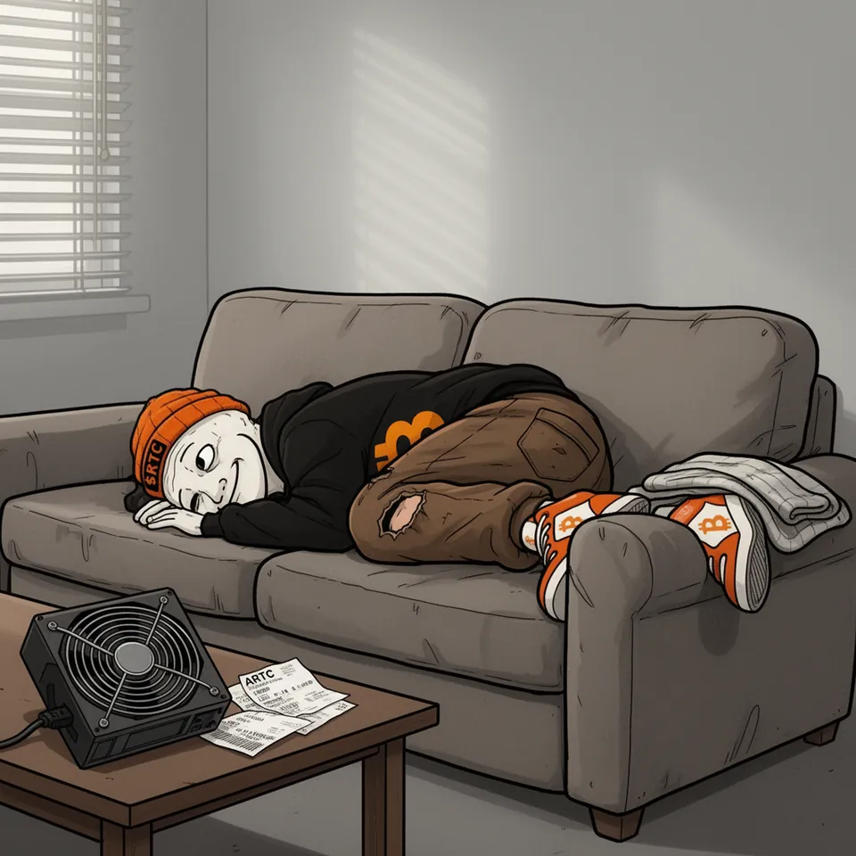 RTC lies awake on a grey couch that is too short for him, his sneakers over the armrest beside a folded blanket, the last ASIC fan and a few receipts on the coffee table.