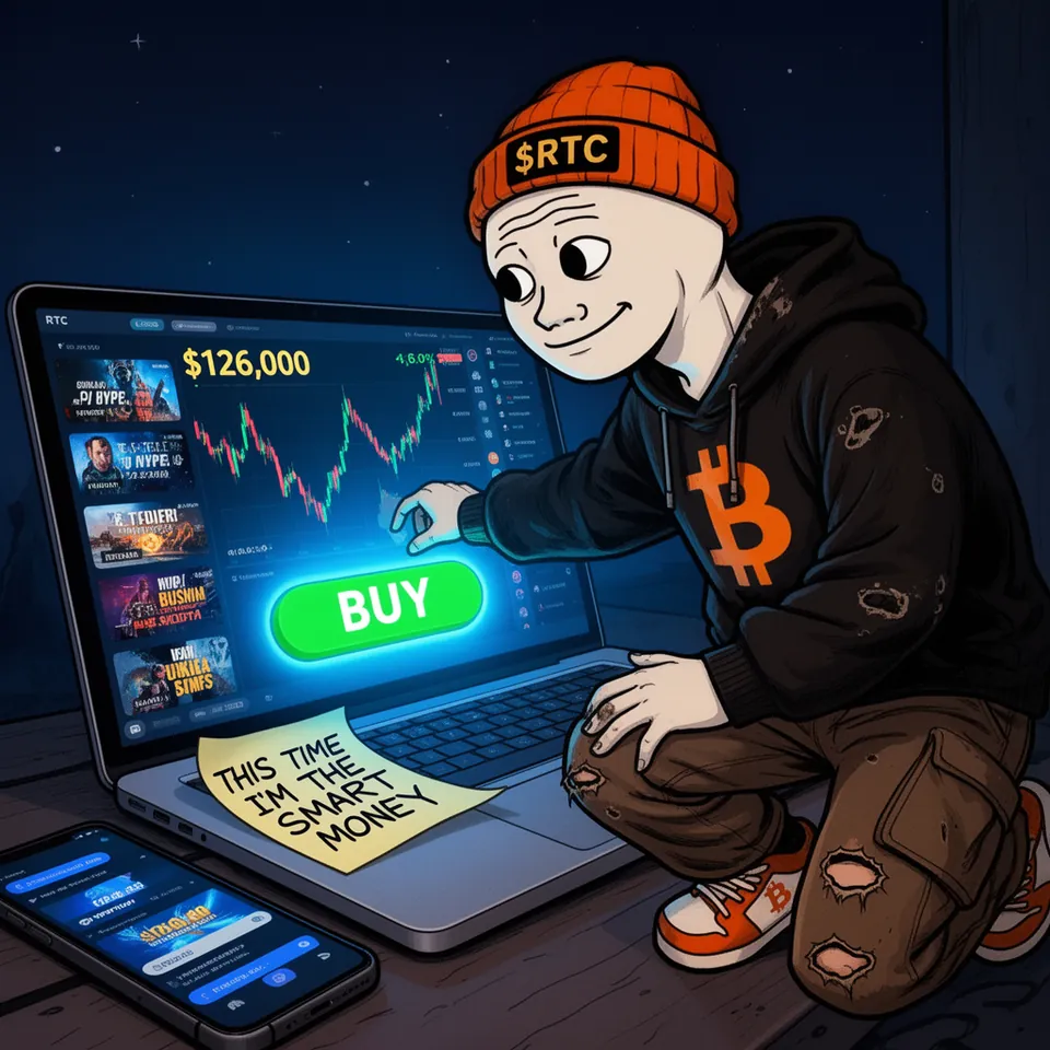 At night RTC crouches over a laptop and reaches for a glowing green BUY button under a chart at $126,000; a sticky note on the keyboard reads THIS TIME I'M THE SMART MONEY.