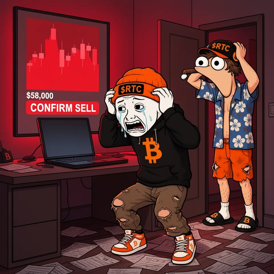 In a room bathed in red, RTC crouches in tears with both hands on his beanie before a crashed red chart at $58,000 and a big CONFIRM SELL button, while Tom, cigar in mouth, freezes in the doorway with a hand on his head.