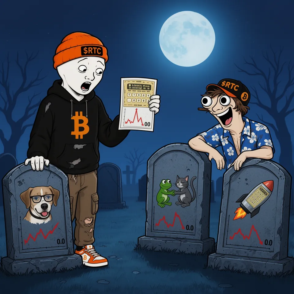 In a moonlit graveyard RTC stares, mouth open, at the lottery ticket in his hand, among tombstones for a dog in glasses, a frog shaking hands with a cat and a rocket, each with a crashed chart at 0.0, while Tom leans on a grave, laughing.