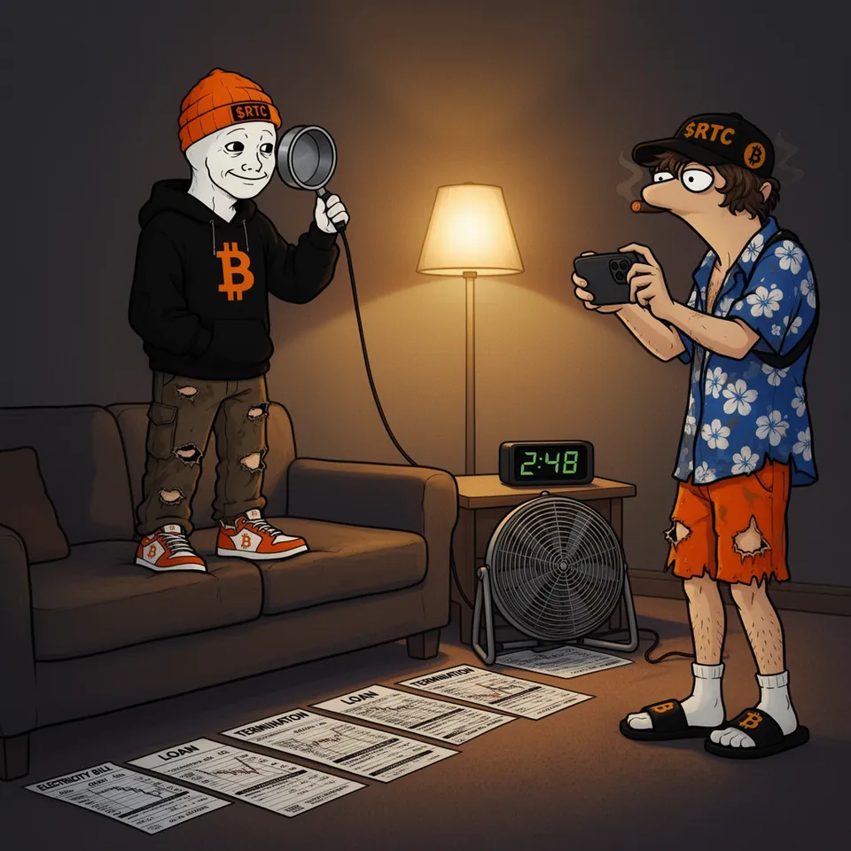 A clock reads 2:48: RTC stands on the couch and speaks into a saucepan as if it were a microphone, papers marked ELECTRICITY BILL, LOAN and TERMINATION laid out on the floor by a fan, while Tom films him on his phone.