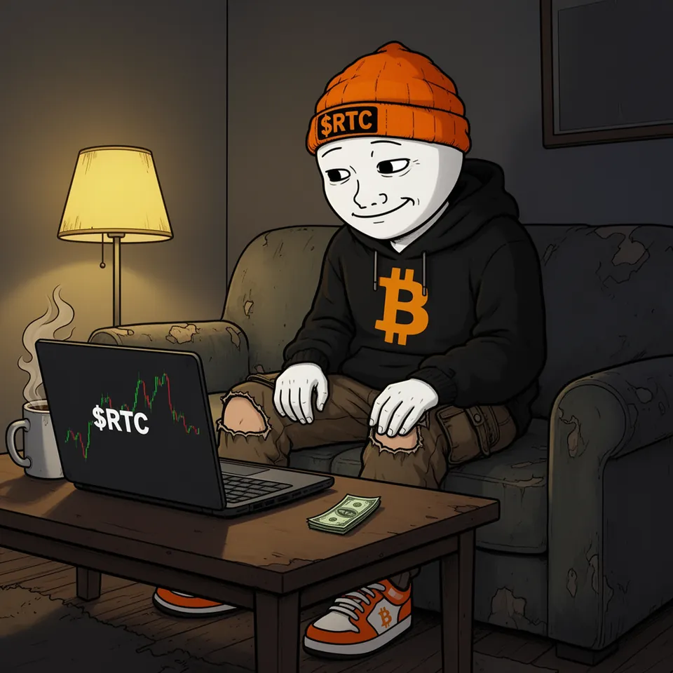 RTC sits on a worn couch and smiles at a laptop showing the new $RTC chart, with a steaming coffee mug and a small stack of banknotes on the table in front of him.