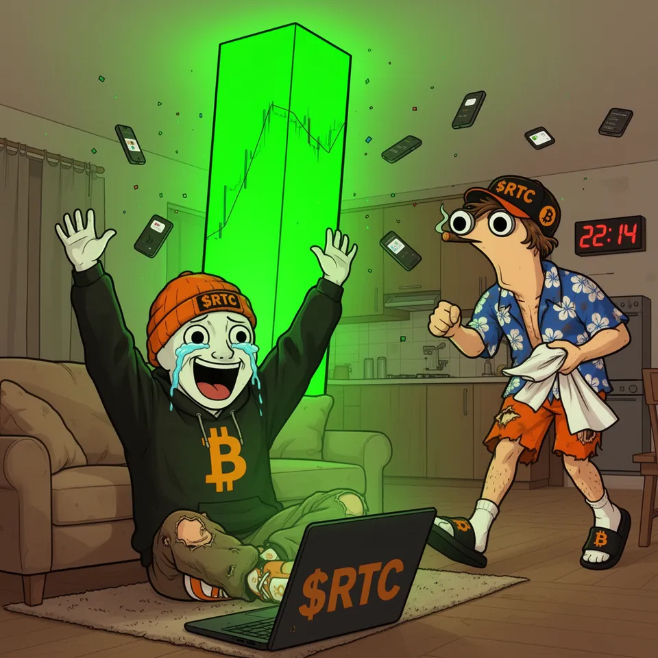 22:14 on the kitchen clock: a colossal green candle rises behind RTC, who sits on the floor with his arms raised, laughing in tears before his $RTC laptop, phones flying around him, while Tom runs in from the kitchen holding a towel.