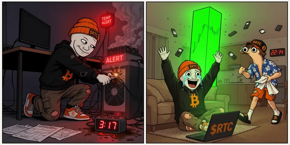 The cult meme in two panels: on the left, at 3:17, RTC yanks a sparking plug from a smoking ASIC under red ALERT signs; on the right, at 22:14, he sits on the floor with his arms raised, laughing in tears under a giant green candle as Tom runs in.