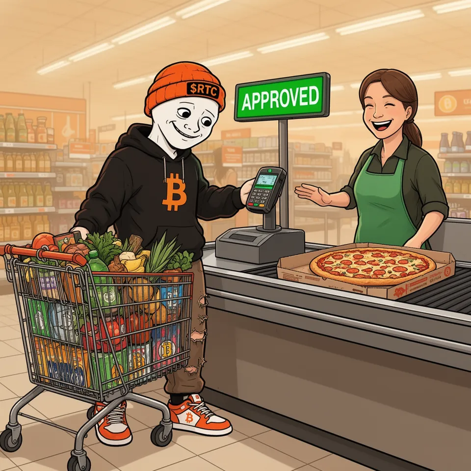 At the supermarket checkout a green sign reads APPROVED: RTC beams as he pays at the card terminal, a cart full of real groceries beside him and a huge pizza on the belt, while the cashier laughs with him.
