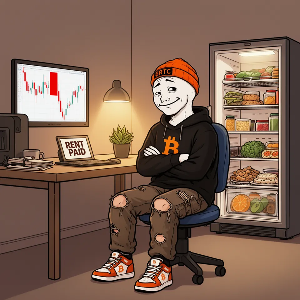 RTC sits calmly with his arms crossed beside an open fridge full of food, a big red candle on the chart behind him and a RENT PAID notice on his desk.