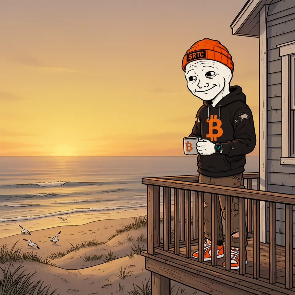 At sunrise RTC stands on the wooden balcony of a small house by the sea, a Bitcoin mug in his hand and a smartwatch glowing on his wrist, seagulls on the sand below.