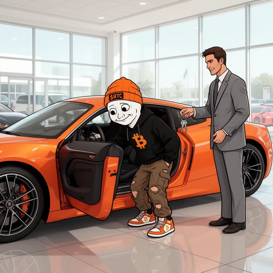 In a bright showroom RTC, in his hoodie and beanie, climbs into an orange supercar through its open door while a salesman in a grey suit holds out the keys.