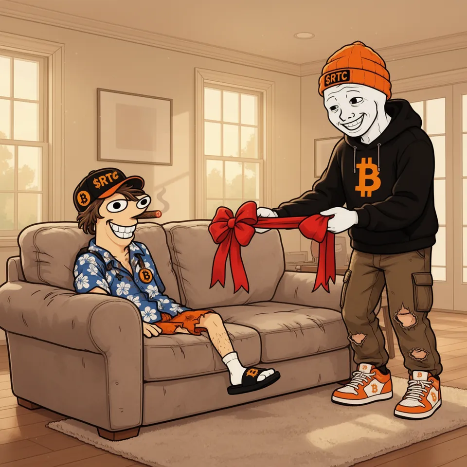 In a big, bright living room RTC unties a red bow from a brand-new couch, and Tom, already sitting on it, grins around his cigar.