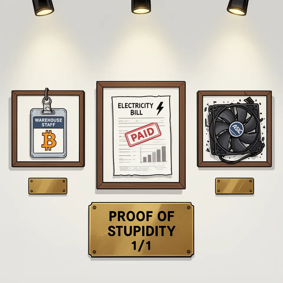 Three frames on a white wall under spotlights, his WAREHOUSE STAFF badge, an ELECTRICITY BILL stamped PAID and a broken ASIC fan, above a brass plaque that reads PROOF OF STUPIDITY 1/1.