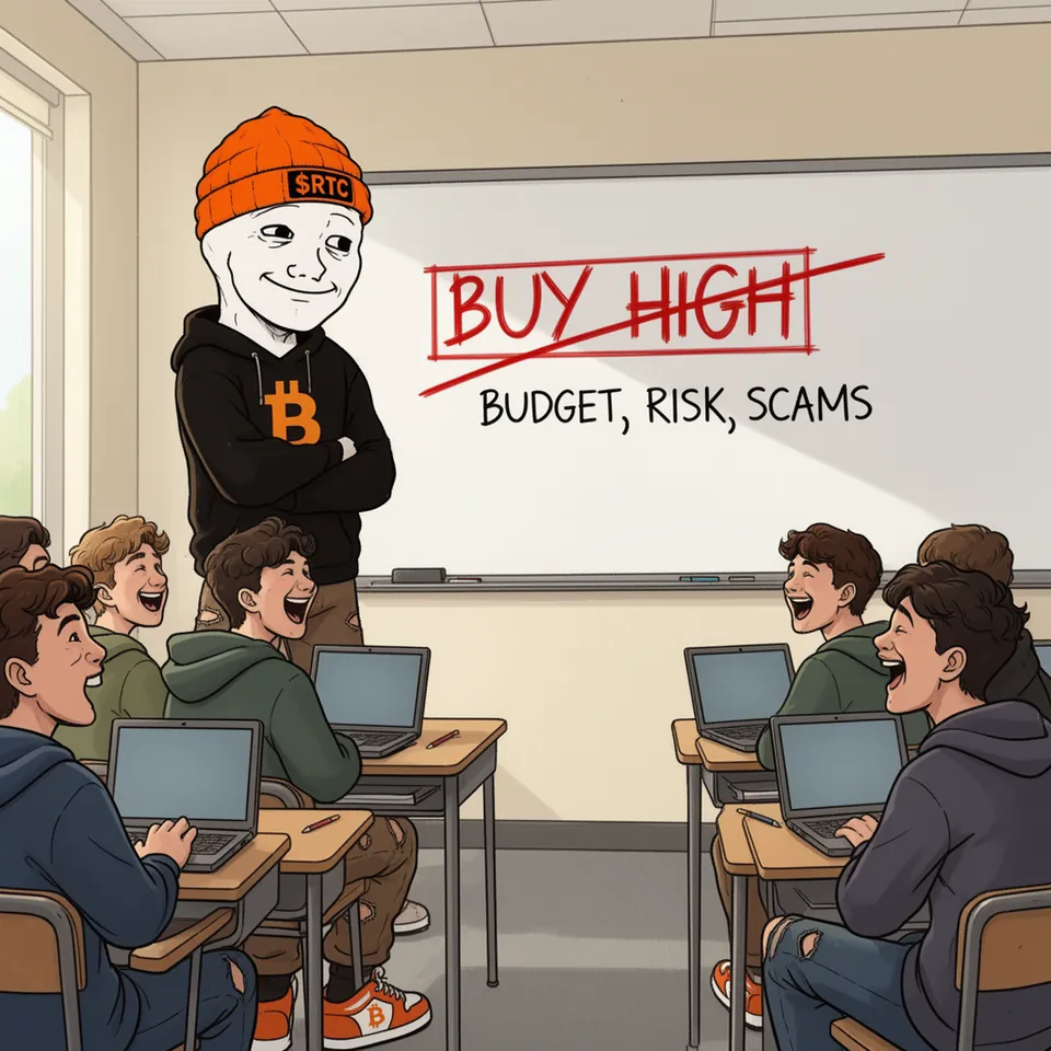 In a classroom RTC stands with his arms crossed in front of a whiteboard where BUY HIGH is crossed out in red above BUDGET, RISK, SCAMS, while teenagers at their laptops laugh.