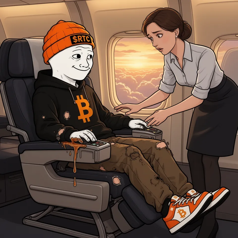 In a first-class seat RTC presses the armrest buttons with a smug smile while a spilled drink drips down the side and a worried flight attendant leans in, clouds glowing at sunset outside the window.
