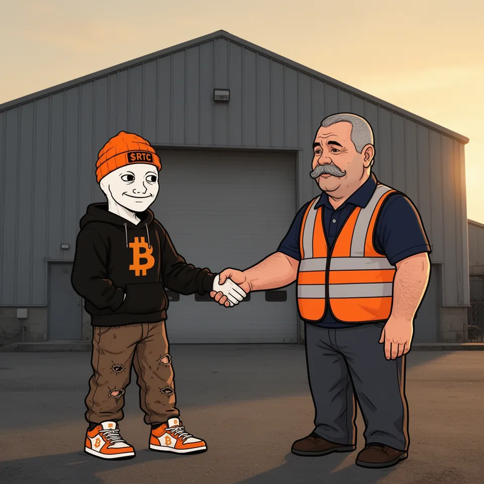 In front of the warehouse at sunset, RTC in his old hoodie and beanie shakes hands with his former boss, who wears his orange safety vest; both are smiling.