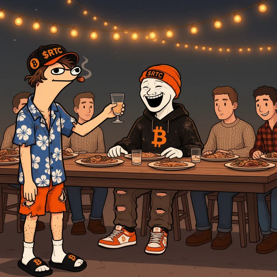 At a long dinner table under string lights, Tom stands and raises his glass, a cigar in his mouth, while RTC laughs out loud and the community members smile around the table.