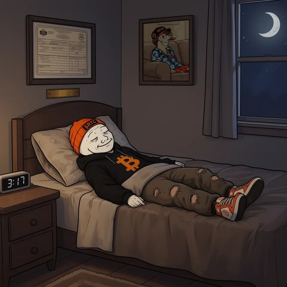 3:17 on the bedside clock: RTC sleeps with a smile in a quiet bedroom, his old electricity bill framed on the wall above a small brass plaque, next to a framed photo of Tom on the old couch, a crescent moon in the window.